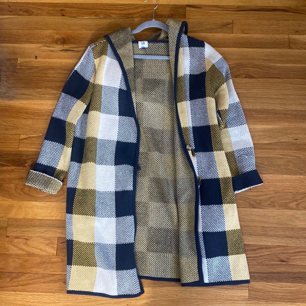 CAbi Women’s Blue and Yellow Checkered Cardigan Size M